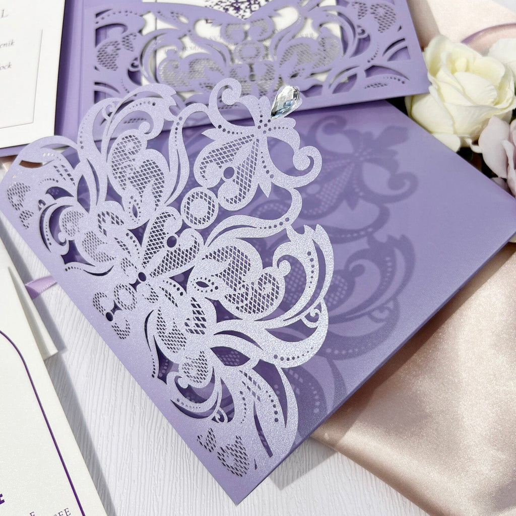 Purple Tri Fold Laser Cut Wedding Invitations with RSVP, Elegant Lavender Pocket Invite Card Wedding Ceremony Supplies Picky Bride 