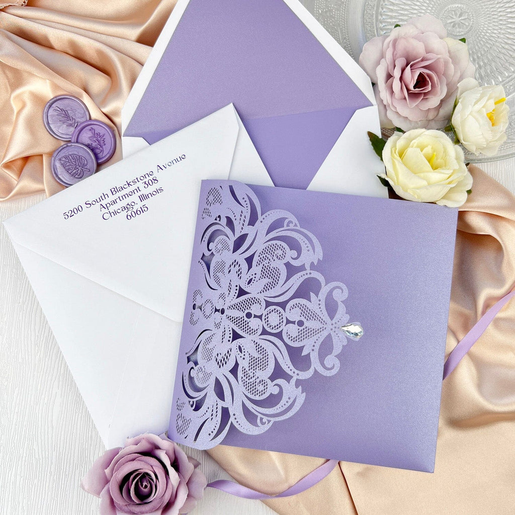 Purple Tri Fold Laser Cut Wedding Invitations with RSVP, Elegant Lavender Pocket Invite Card Wedding Ceremony Supplies Picky Bride 