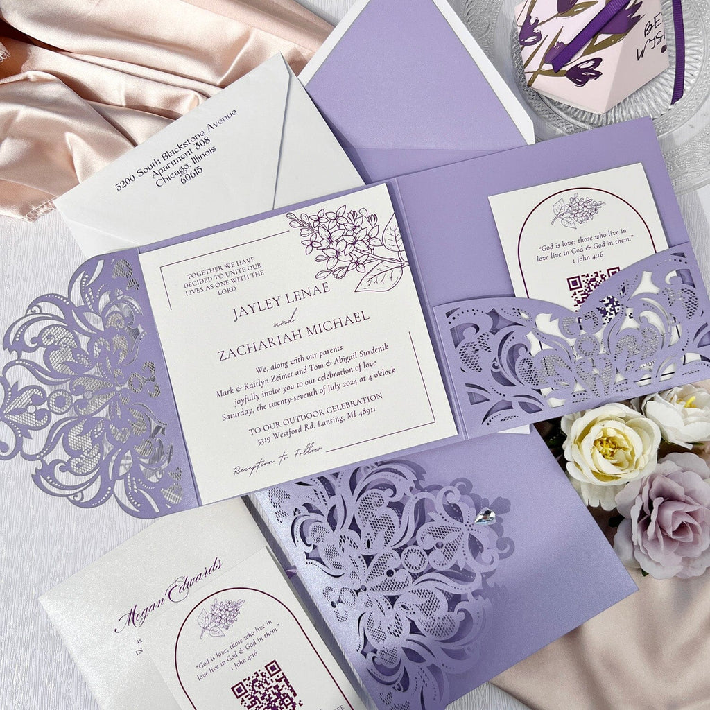 Purple Tri Fold Laser Cut Wedding Invitations with RSVP, Elegant Lavender Pocket Invite Card Wedding Ceremony Supplies Picky Bride 