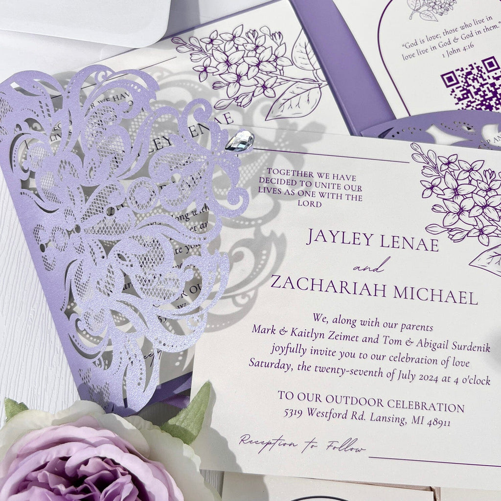 Purple Tri Fold Laser Cut Wedding Invitations with RSVP, Elegant Lavender Pocket Invite Card Wedding Ceremony Supplies Picky Bride 