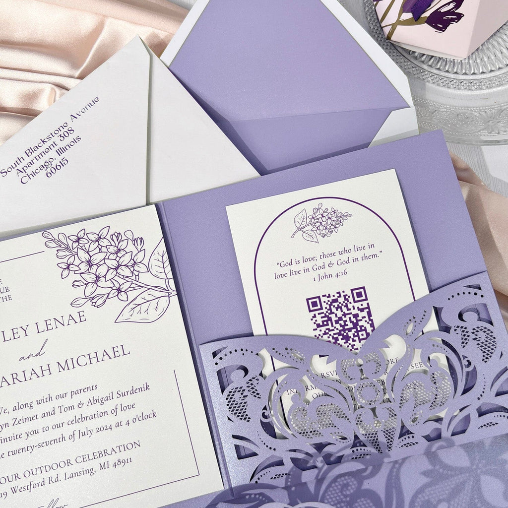 Purple Tri Fold Laser Cut Wedding Invitations with RSVP, Elegant Lavender Pocket Invite Card Wedding Ceremony Supplies Picky Bride 