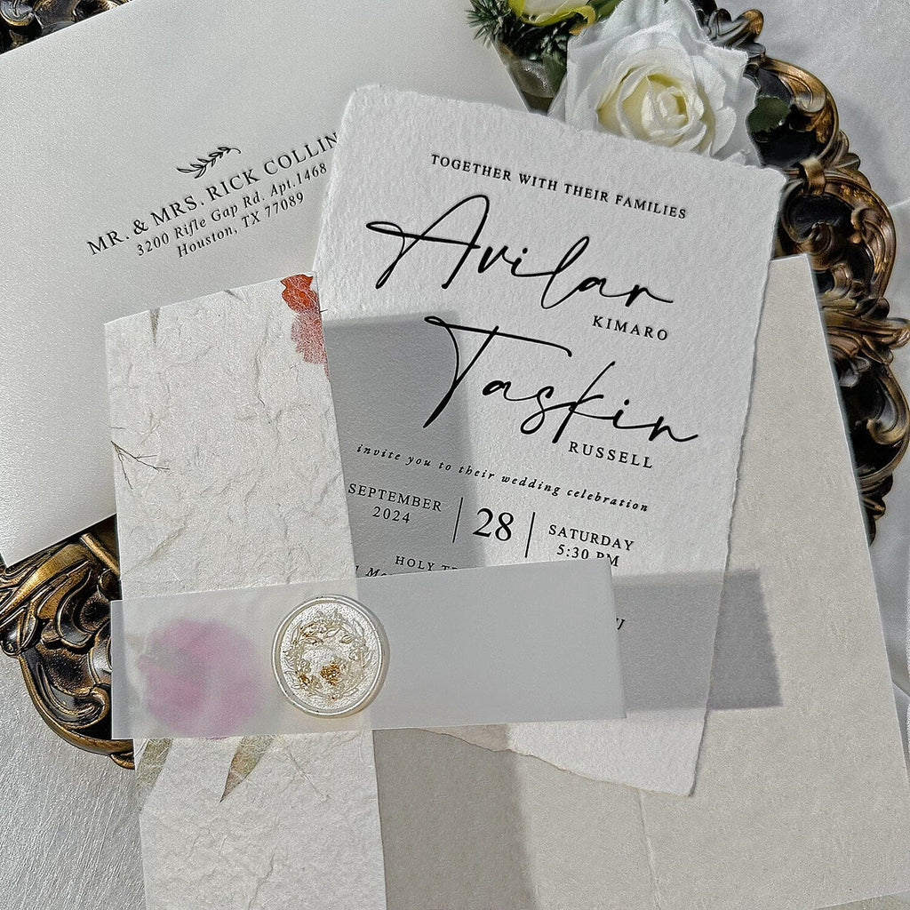 Romantic Botanical Garden Wedding Invitations, Rustic Handmade Deckled Edge Invites with Real Flower Petals, Spring Floral Invitation with Gold Foil Wax Seal Wedding Ceremony Supplies Picky Bride 