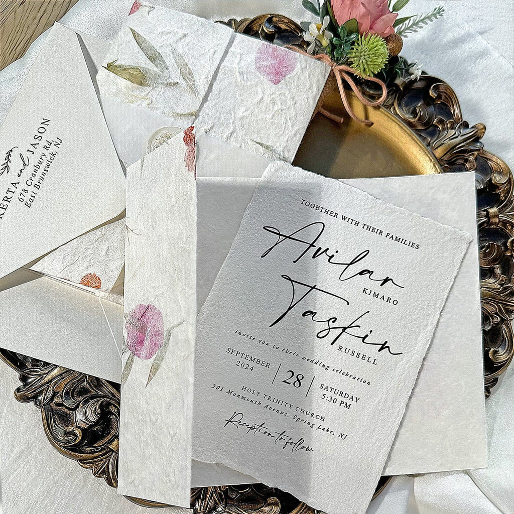 Romantic Botanical Garden Wedding Invitations, Rustic Handmade Deckled Edge Invites with Real Flower Petals, Spring Floral Invitation with Gold Foil Wax Seal Wedding Ceremony Supplies Picky Bride 