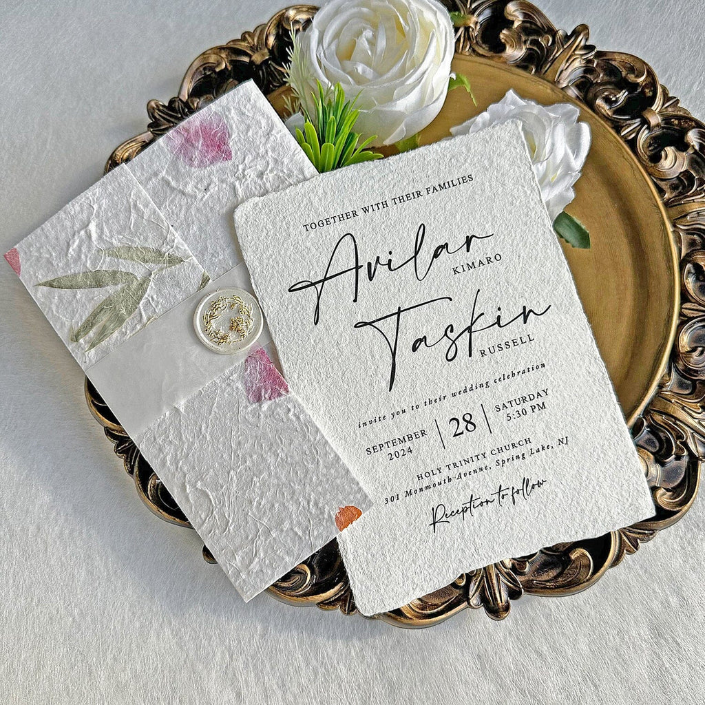 Romantic Botanical Garden Wedding Invitations, Rustic Handmade Deckled Edge Invites with Real Flower Petals, Spring Floral Invitation with Gold Foil Wax Seal Wedding Ceremony Supplies Picky Bride 