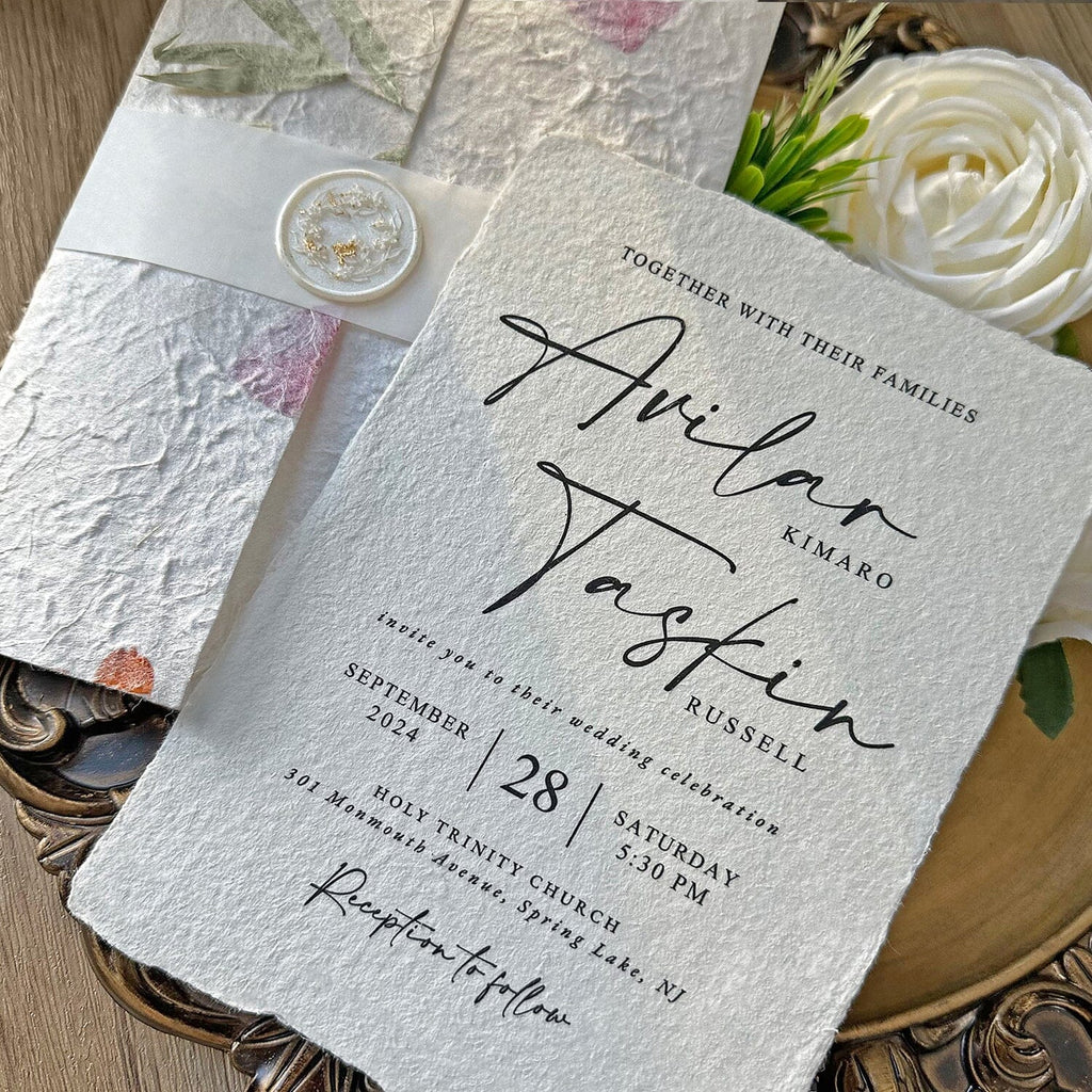 Romantic Botanical Garden Wedding Invitations, Rustic Handmade Deckled Edge Invites with Real Flower Petals, Spring Floral Invitation with Gold Foil Wax Seal Wedding Ceremony Supplies Picky Bride 