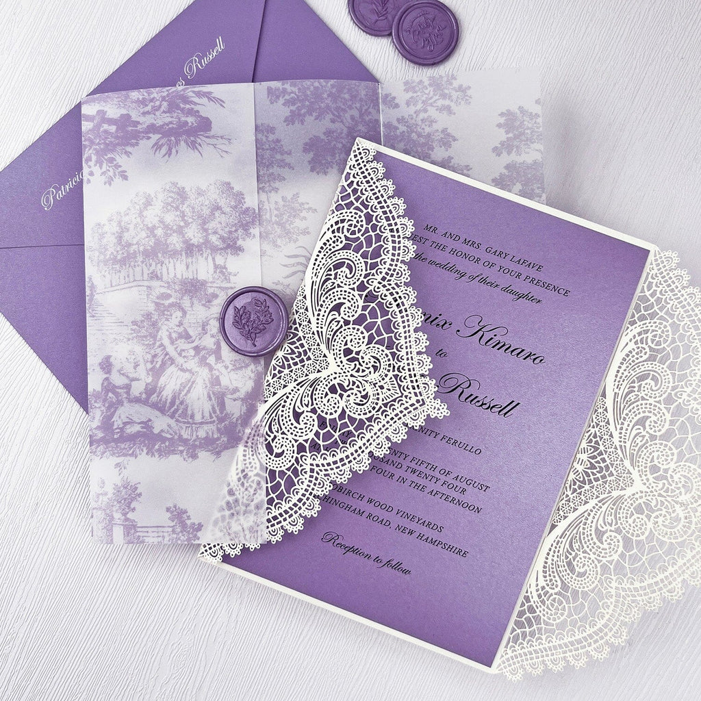 Romantic Lavender Lace Wedding Invitations, Elegant Purple Fine Art Printed Vellum Wrap Invites with Wax Seal, Ivory Laser Cut Gatefold Wedding Invitation Wedding Ceremony Supplies Picky Bride 