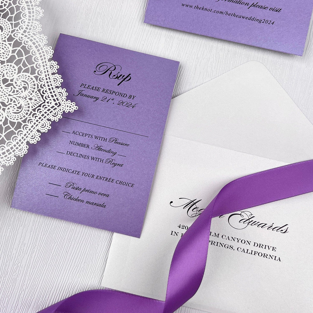 Romantic Lavender Lace Wedding Invitations, Elegant Purple Fine Art Printed Vellum Wrap Invites with Wax Seal, Ivory Laser Cut Gatefold Wedding Invitation Wedding Ceremony Supplies Picky Bride 