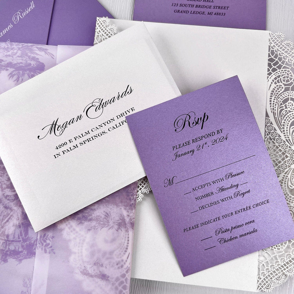 Romantic Lavender Lace Wedding Invitations, Elegant Purple Fine Art Printed Vellum Wrap Invites with Wax Seal, Ivory Laser Cut Gatefold Wedding Invitation Wedding Ceremony Supplies Picky Bride 