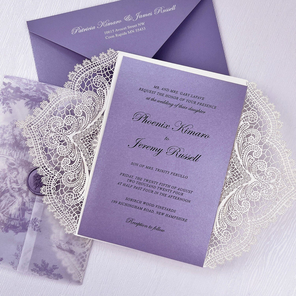 Romantic Lavender Lace Wedding Invitations, Elegant Purple Fine Art Printed Vellum Wrap Invites with Wax Seal, Ivory Laser Cut Gatefold Wedding Invitation Wedding Ceremony Supplies Picky Bride 