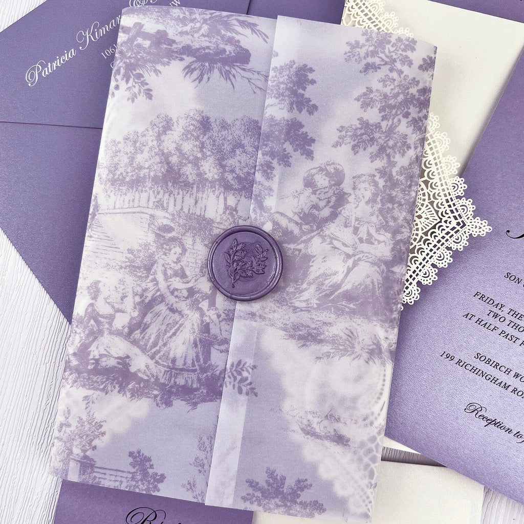 Romantic Lavender Lace Wedding Invitations, Elegant Purple Fine Art Printed Vellum Wrap Invites with Wax Seal, Ivory Laser Cut Gatefold Wedding Invitation Wedding Ceremony Supplies Picky Bride 