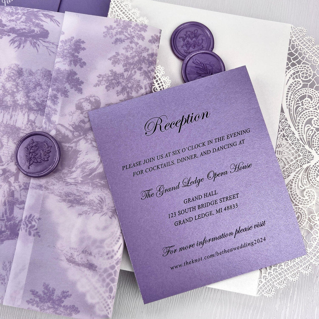 Romantic Lavender Lace Wedding Invitations, Elegant Purple Fine Art Printed Vellum Wrap Invites with Wax Seal, Ivory Laser Cut Gatefold Wedding Invitation Wedding Ceremony Supplies Picky Bride 