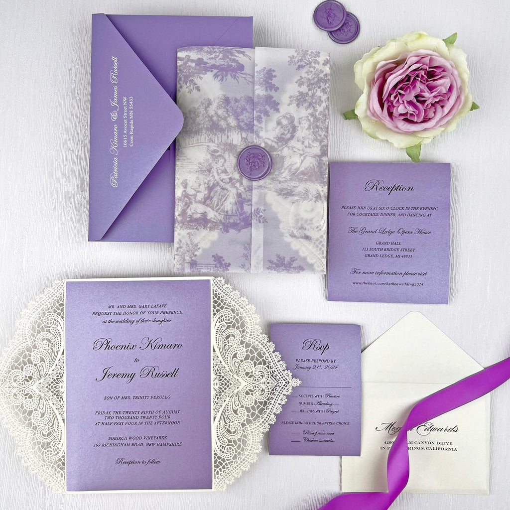 Romantic Lavender Lace Wedding Invitations, Elegant Purple Fine Art Printed Vellum Wrap Invites with Wax Seal, Ivory Laser Cut Gatefold Wedding Invitation Wedding Ceremony Supplies Picky Bride 