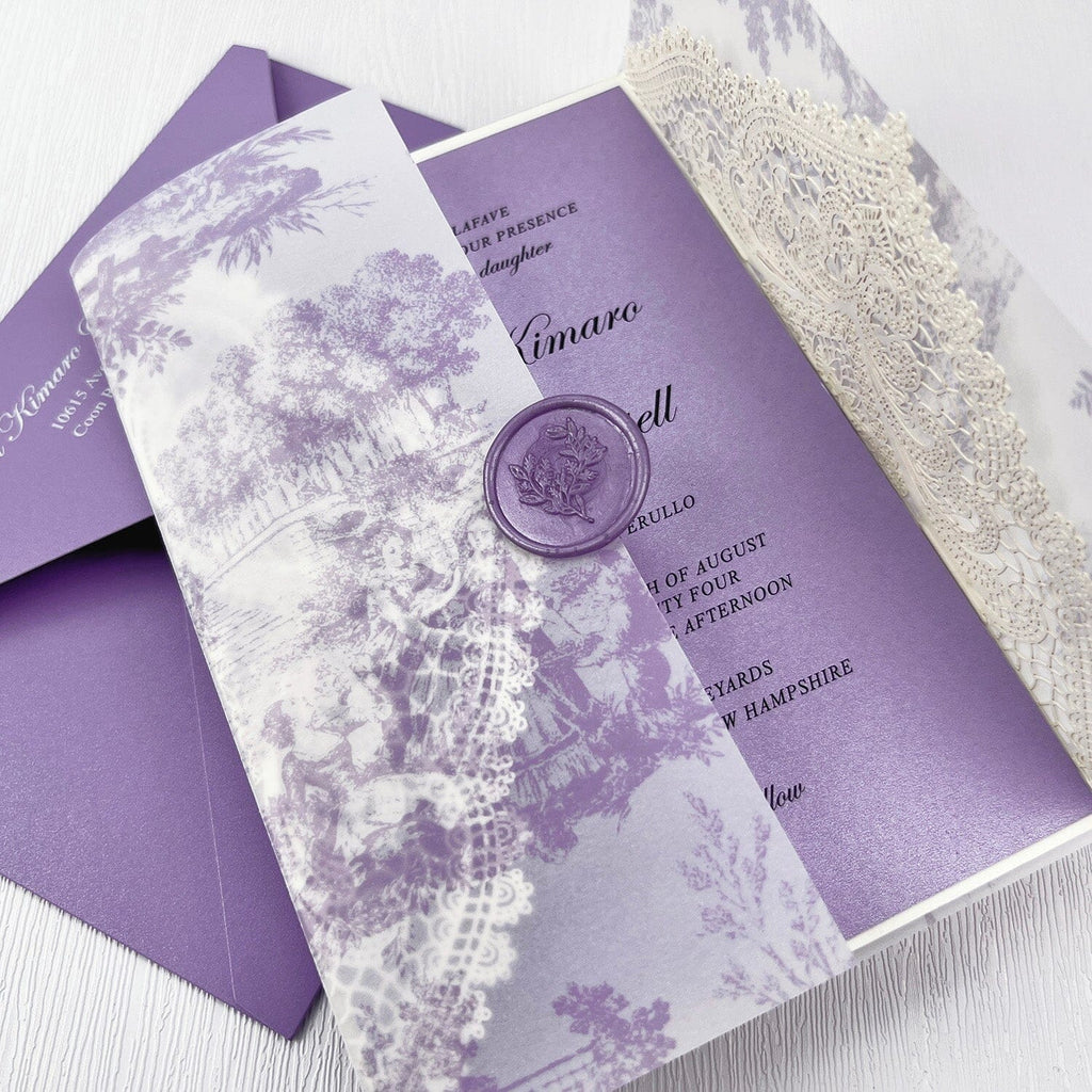 Romantic Lavender Lace Wedding Invitations, Elegant Purple Fine Art Printed Vellum Wrap Invites with Wax Seal, Ivory Laser Cut Gatefold Wedding Invitation Wedding Ceremony Supplies Picky Bride 