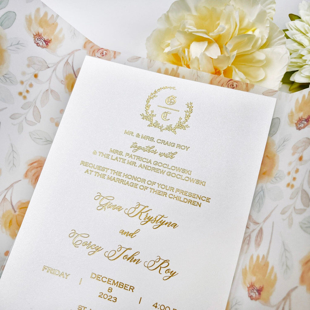 Romantic Sunflower Wedding Invitations, Yellow Floral Vellum Jacket Wedding Invites, Customized Gold Foil Monogram and Wax Seal Invitation Wedding Ceremony Supplies Picky Bride 