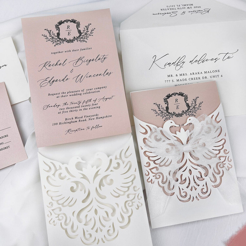 Romantic Swan Princess Wedding Invitation, Elegant Pink and Ivory Laser Cut Invites with White Chiffon Bow, Personalized Pocket Wedding Invitations Picky Bride 