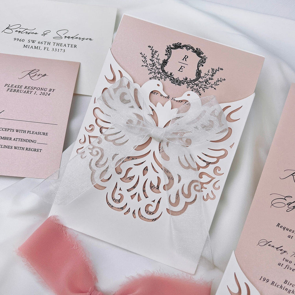 Romantic Swan Princess Wedding Invitation, Elegant Pink and Ivory Laser Cut Invites with White Chiffon Bow, Personalized Pocket Wedding Invitations Picky Bride 