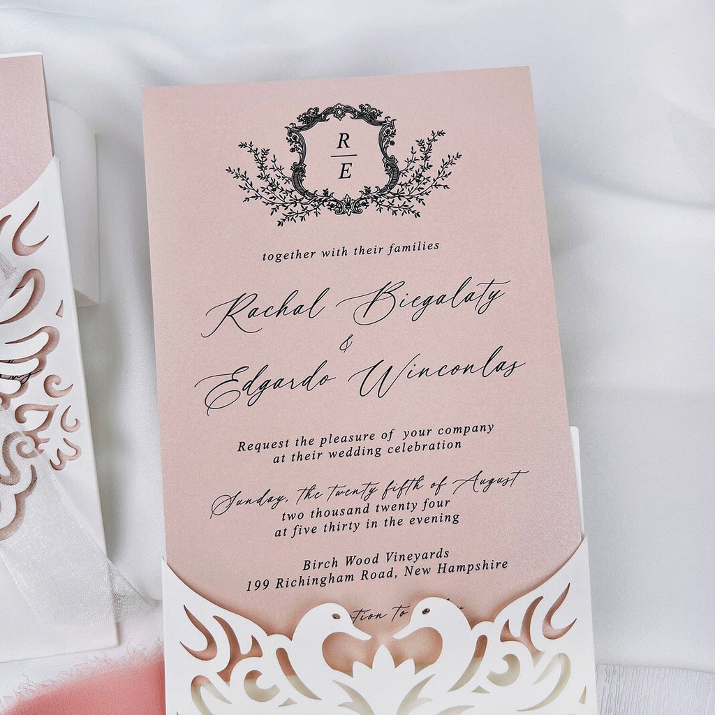 Romantic Swan Princess Wedding Invitation, Elegant Pink and Ivory Laser Cut Invites with White Chiffon Bow, Personalized Pocket Wedding Invitations Picky Bride 