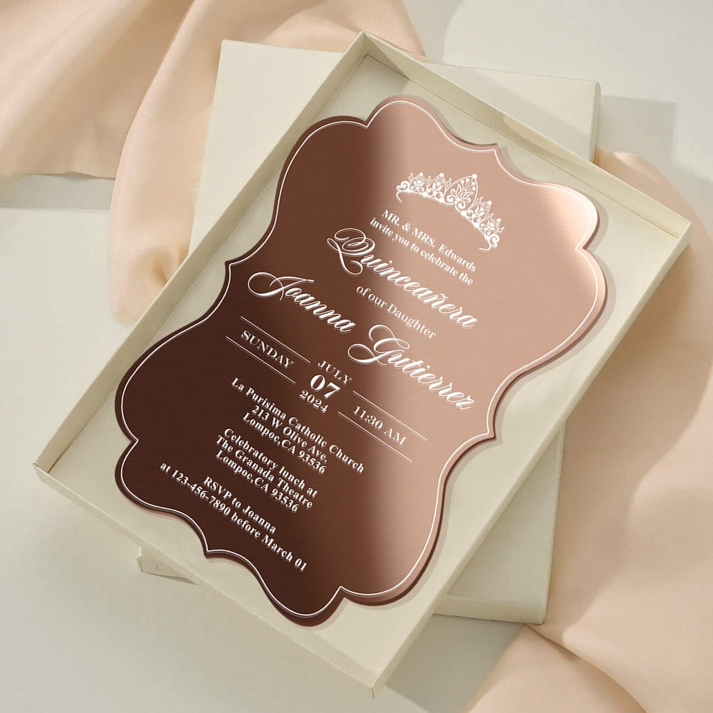 Rose Gold Acrylic Quinceanera Invitations, Sweet 16 Mirror Invitation, Boxed Party Invites with Personalized Wax Seal and Princess Crown Monogram Wedding Ceremony Supplies Picky Bride 