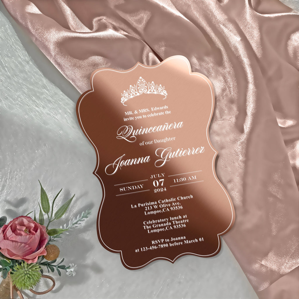 Rose Gold Acrylic Quinceanera Invitations, Sweet 16 Mirror Invitation, Boxed Party Invites with Personalized Wax Seal and Princess Crown Monogram Wedding Ceremony Supplies Picky Bride 