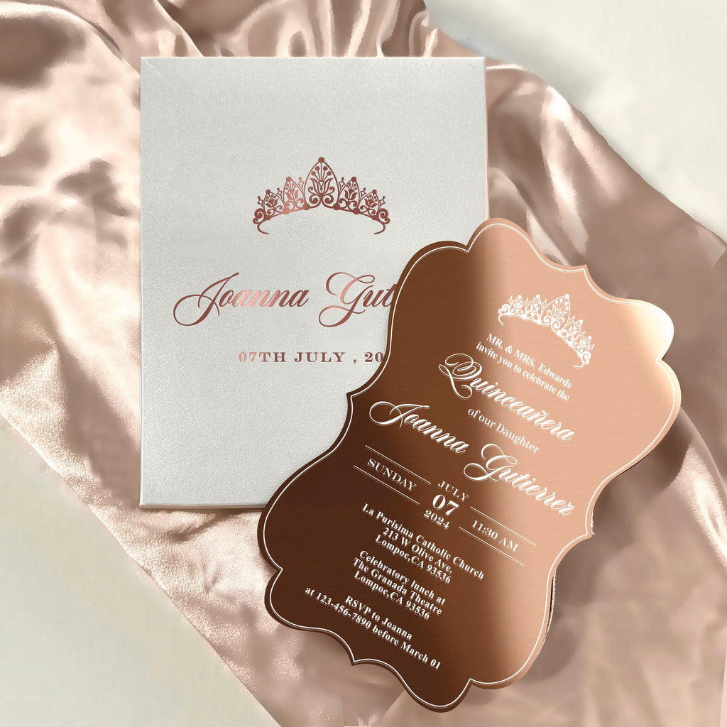 Rose Gold Acrylic Quinceanera Invitations, Sweet 16 Mirror Invitation, Boxed Party Invites with Personalized Wax Seal and Princess Crown Monogram Wedding Ceremony Supplies Picky Bride 