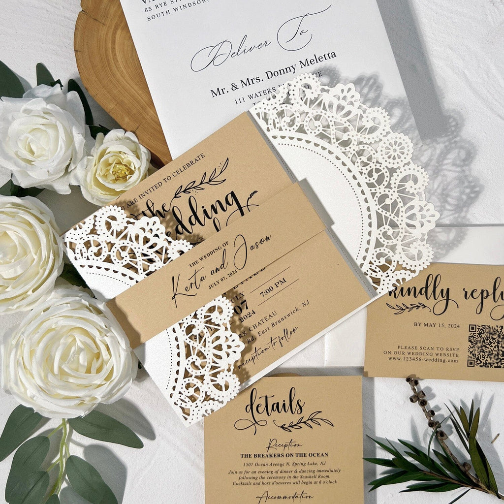 Rustic Kraft Wedding Invitation Suite, Neutral Tan Lace Invite Card and QR Code RSVP, Editable Details Cards Wedding Ceremony Supplies Picky Bride 