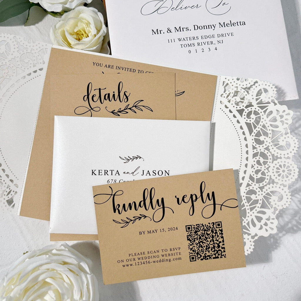 Rustic Kraft Wedding Invitation Suite, Neutral Tan Lace Invite Card and QR Code RSVP, Editable Details Cards Wedding Ceremony Supplies Picky Bride 