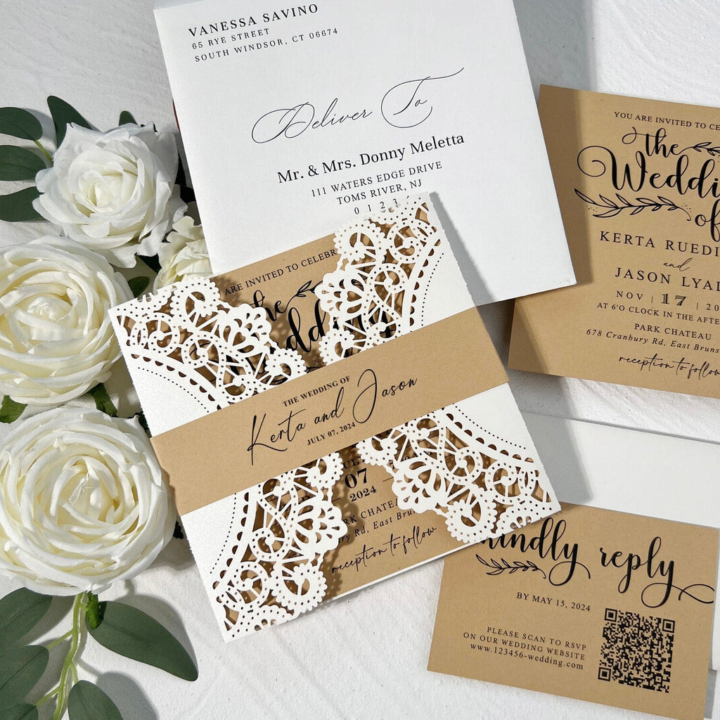 Rustic Kraft Wedding Invitation Suite, Neutral Tan Lace Invite Card and QR Code RSVP, Editable Details Cards Wedding Ceremony Supplies Picky Bride 