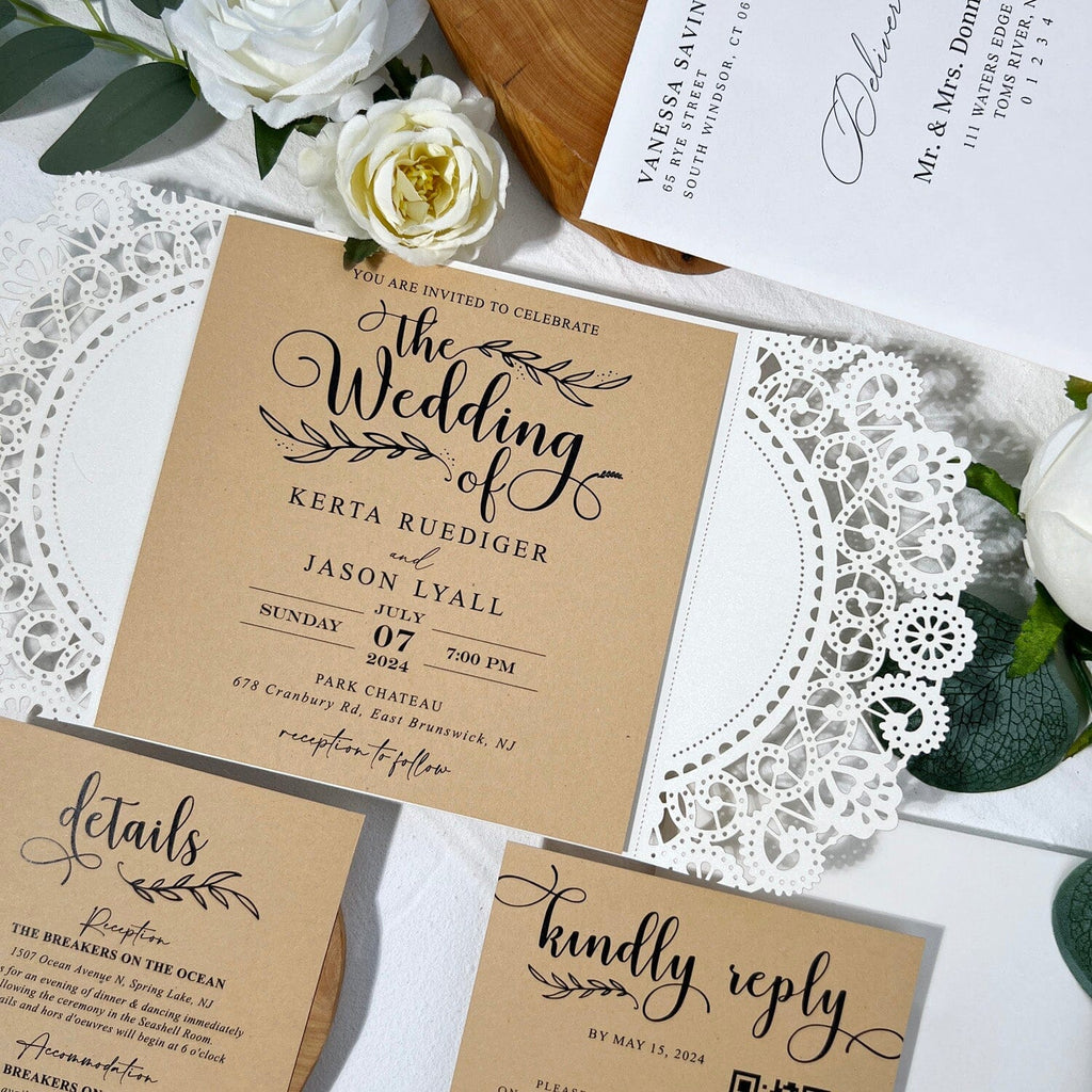 Rustic Kraft Wedding Invitation Suite, Neutral Tan Lace Invite Card and QR Code RSVP, Editable Details Cards Wedding Ceremony Supplies Picky Bride 