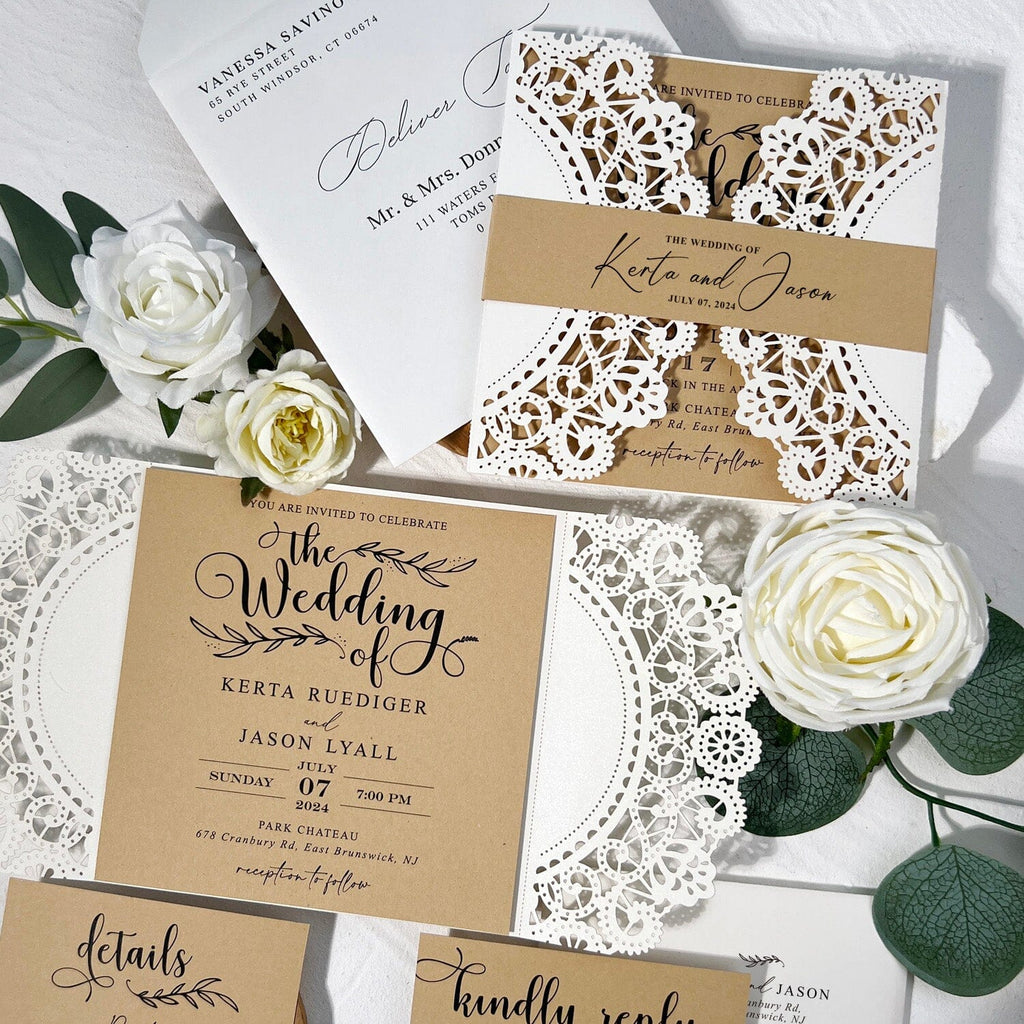 Rustic Kraft Wedding Invitation Suite, Neutral Tan Lace Invite Card and QR Code RSVP, Editable Details Cards Wedding Ceremony Supplies Picky Bride 