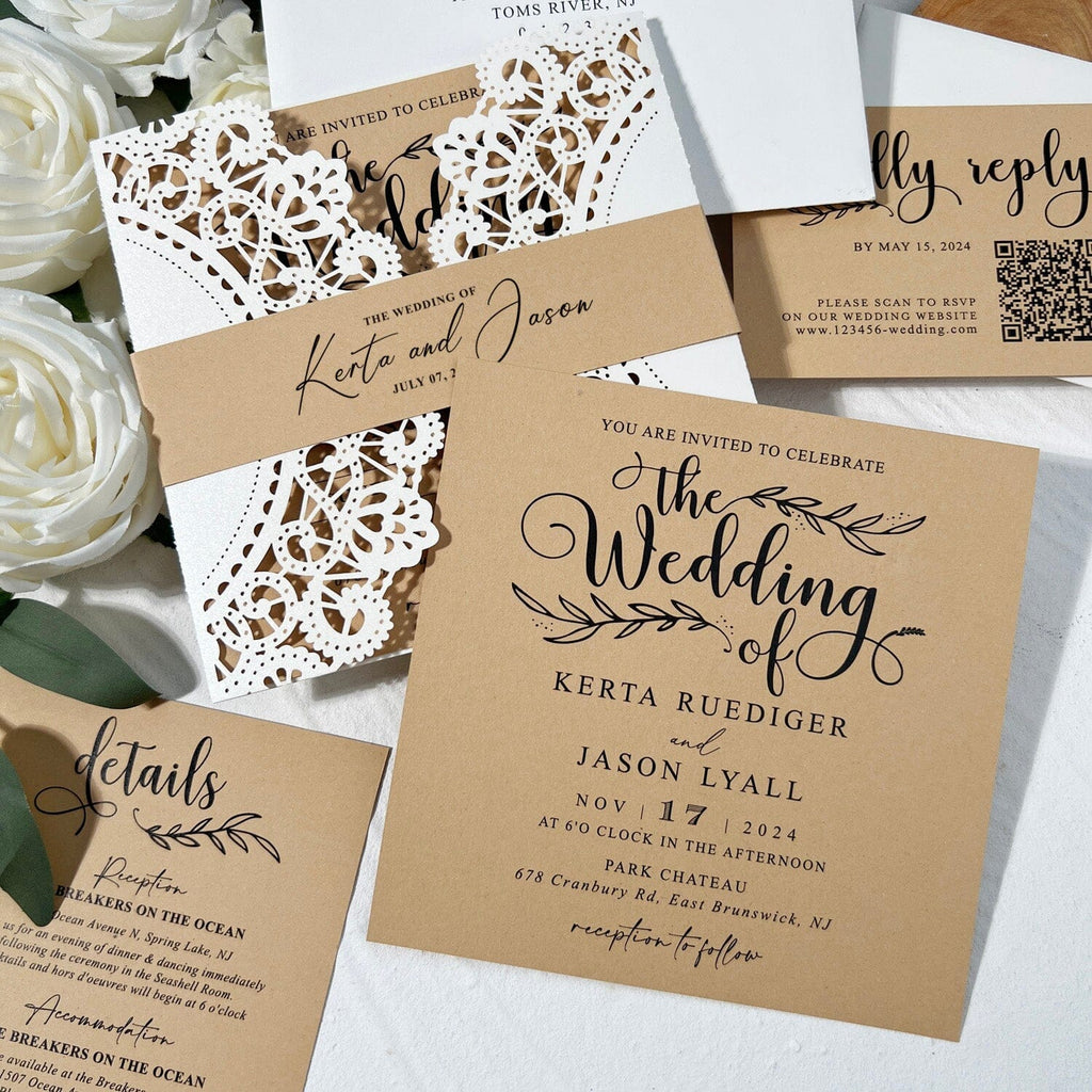 Rustic Kraft Wedding Invitation Suite, Neutral Tan Lace Invite Card and QR Code RSVP, Editable Details Cards Wedding Ceremony Supplies Picky Bride 