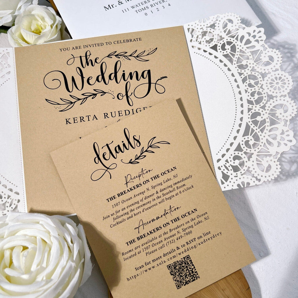 Rustic Kraft Wedding Invitation Suite, Neutral Tan Lace Invite Card and QR Code RSVP, Editable Details Cards Wedding Ceremony Supplies Picky Bride 