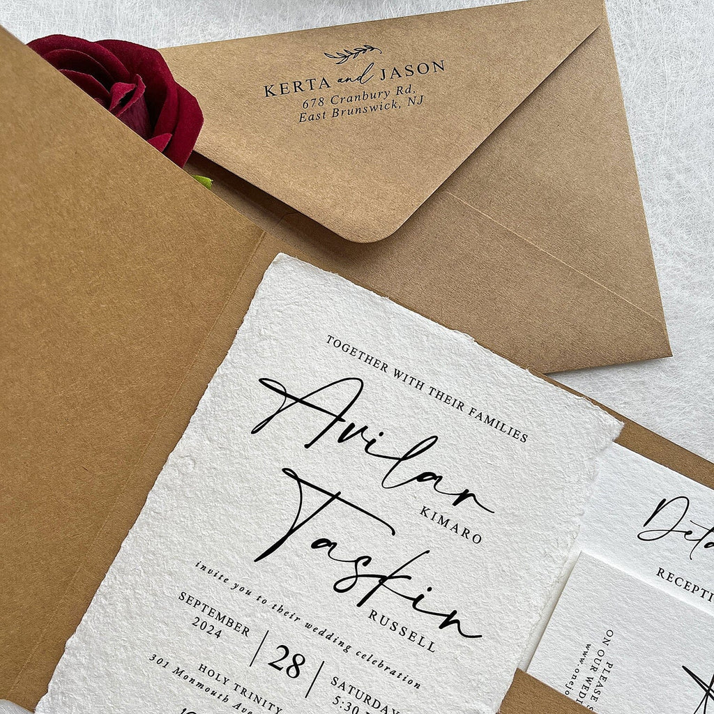 Rustic Kraft Wedding Invitations, Elegant Handmade Botanical and Wax Seal Invites, Minimalist Cotton Paper Cards with RSVP, Customized Pocket Invitation Wedding Ceremony Supplies Picky Bride 