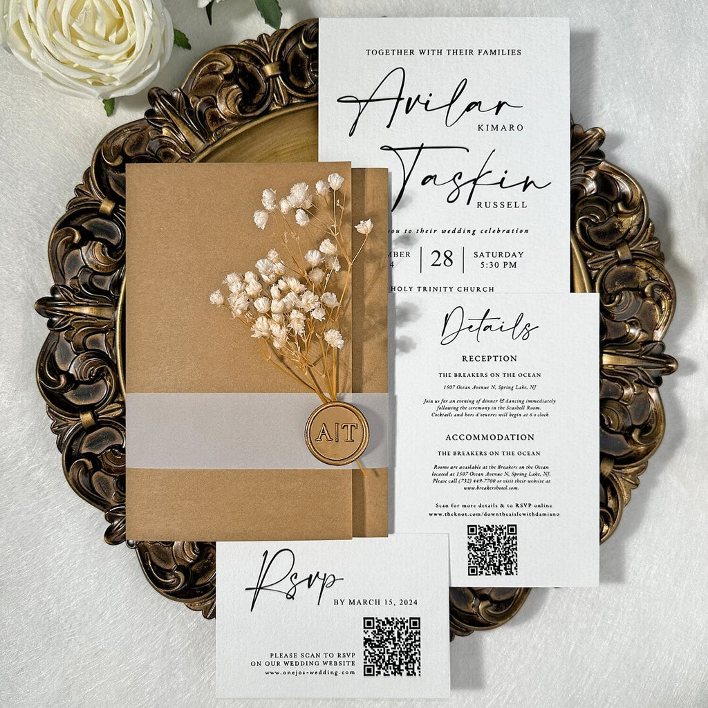 Rustic Kraft Wedding Invitations, Elegant Handmade Botanical and Wax Seal Invites, Minimalist Cotton Paper Cards with RSVP, Customized Pocket Invitation Wedding Ceremony Supplies Picky Bride 