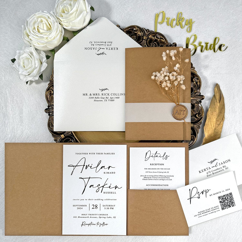 Rustic Kraft Wedding Invitations, Elegant Handmade Botanical and Wax Seal Invites, Minimalist Cotton Paper Cards with RSVP, Customized Pocket Invitation Wedding Ceremony Supplies Picky Bride 