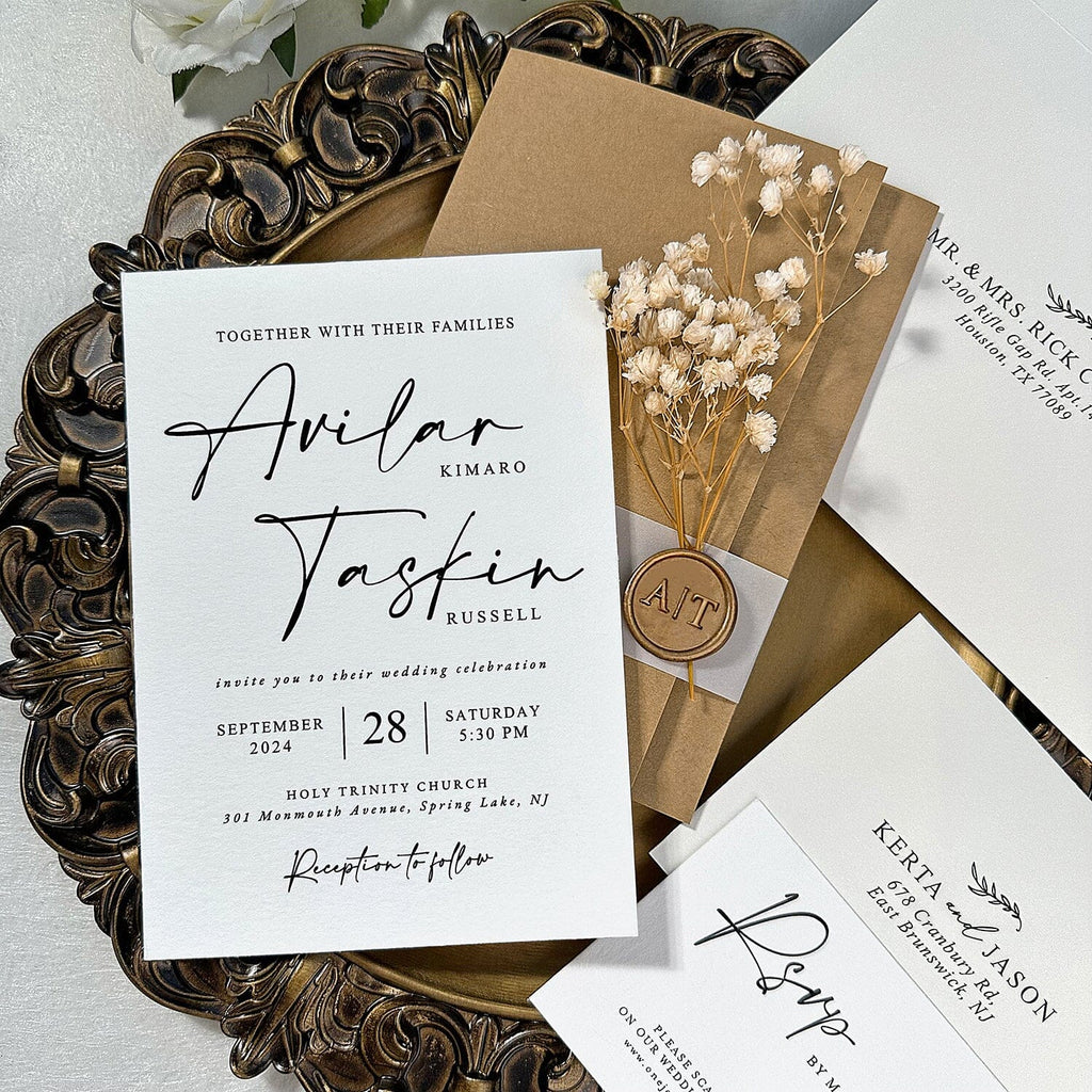 Rustic Kraft Wedding Invitations, Elegant Handmade Botanical and Wax Seal Invites, Minimalist Cotton Paper Cards with RSVP, Customized Pocket Invitation Wedding Ceremony Supplies Picky Bride 