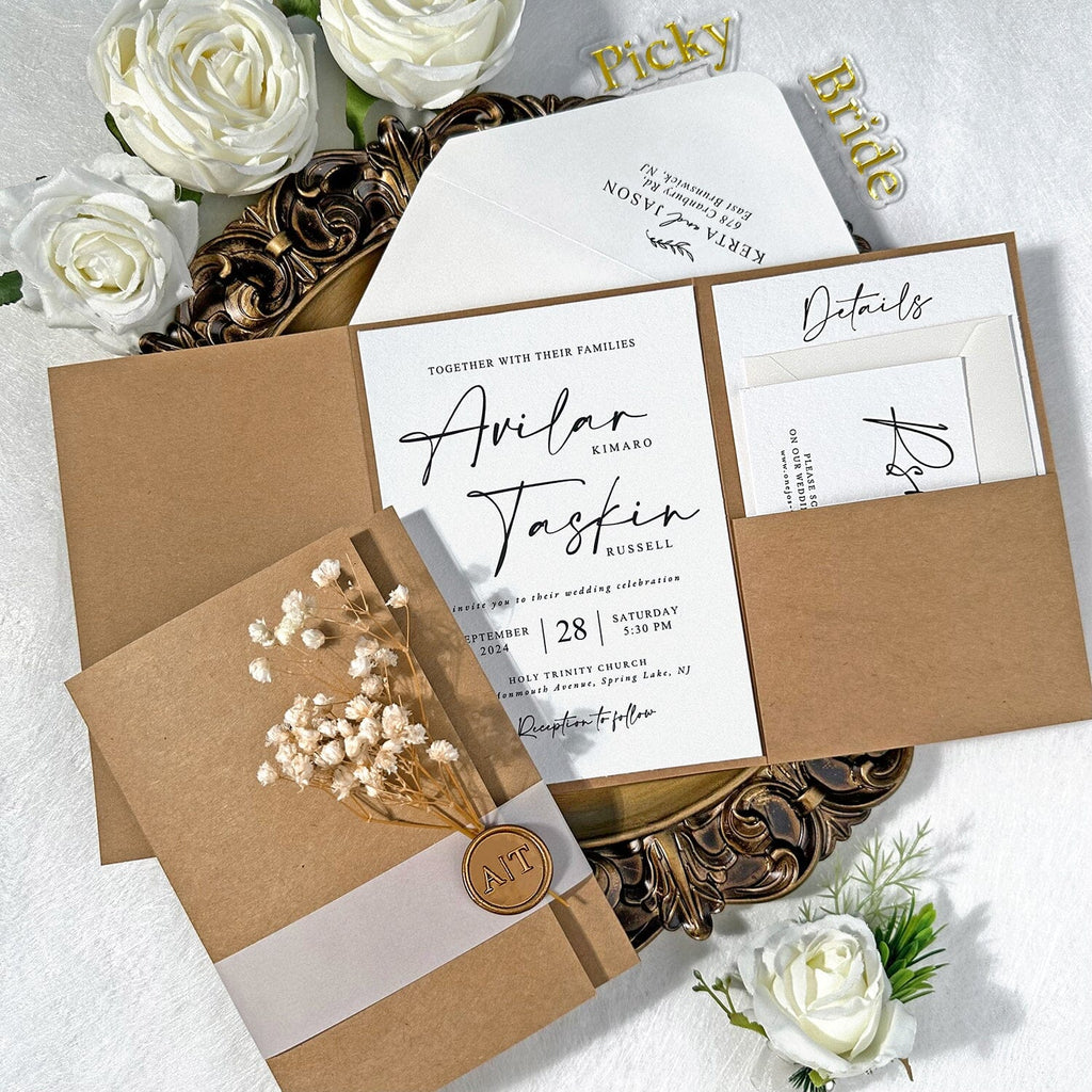 Rustic Kraft Wedding Invitations, Elegant Handmade Botanical and Wax Seal Invites, Minimalist Cotton Paper Cards with RSVP, Customized Pocket Invitation Wedding Ceremony Supplies Picky Bride 