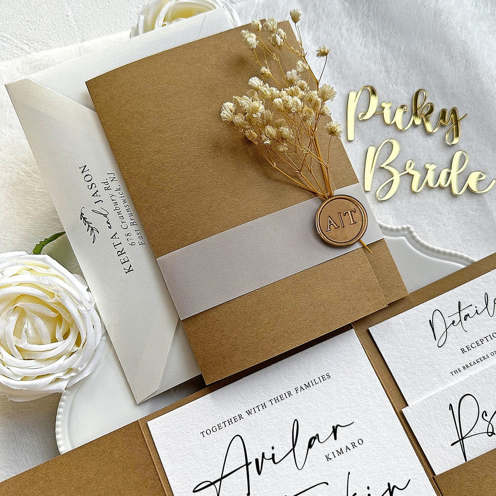 Rustic Kraft Wedding Invitations, Elegant Handmade Botanical and Wax Seal Invites, Minimalist Cotton Paper Cards with RSVP, Customized Pocket Invitation Wedding Ceremony Supplies Picky Bride 