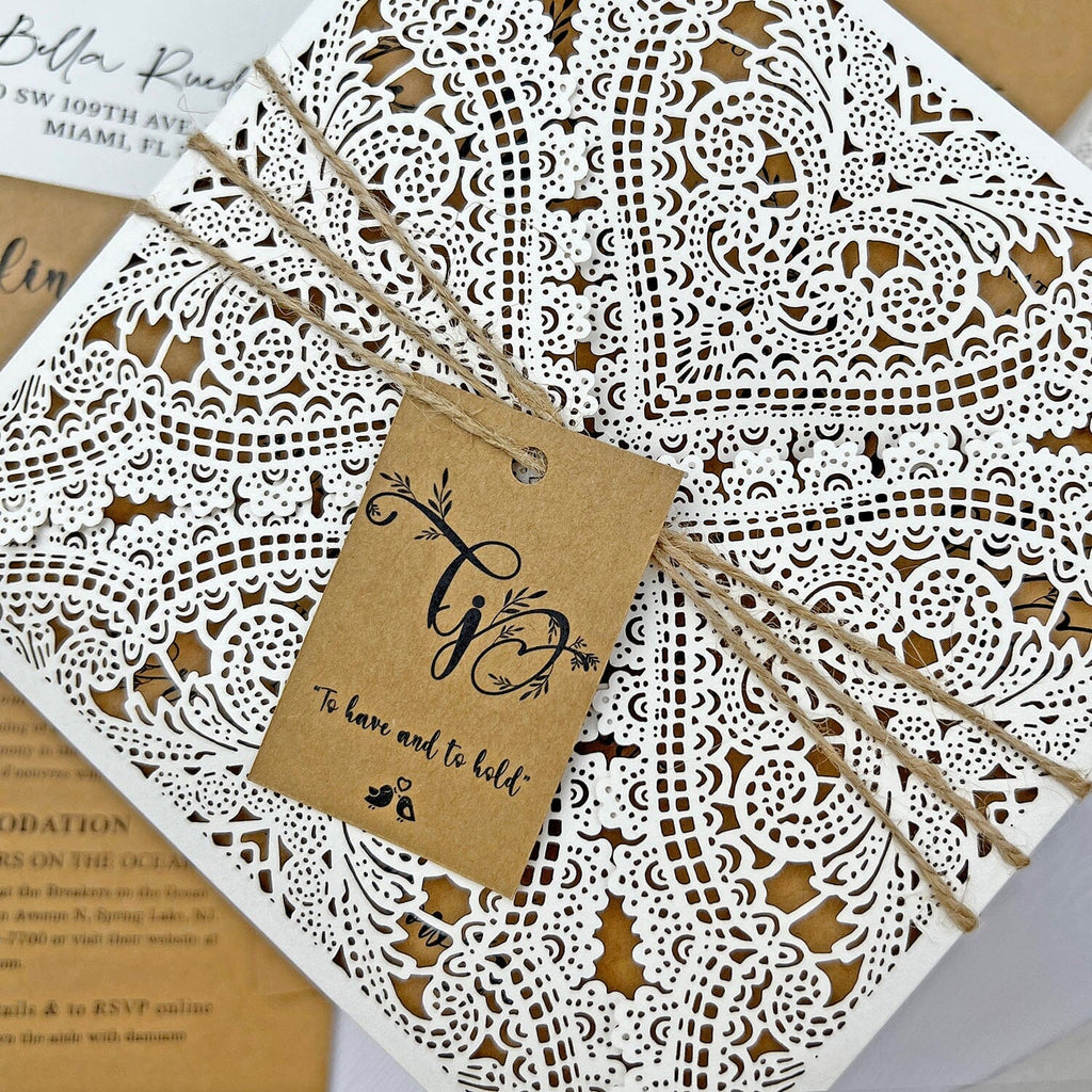 Rustic Lace Wedding Invitations, Elegant Laser Cut Kraft Wedding Invites, Ivory Four Fold Wedding Invitation with Monogram Name Tag Wedding Ceremony Supplies Picky Bride 