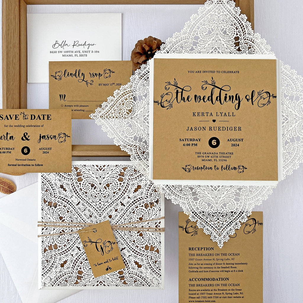 Rustic Lace Wedding Invitations, Elegant Laser Cut Kraft Wedding Invites, Ivory Four Fold Wedding Invitation with Monogram Name Tag Wedding Ceremony Supplies Picky Bride 