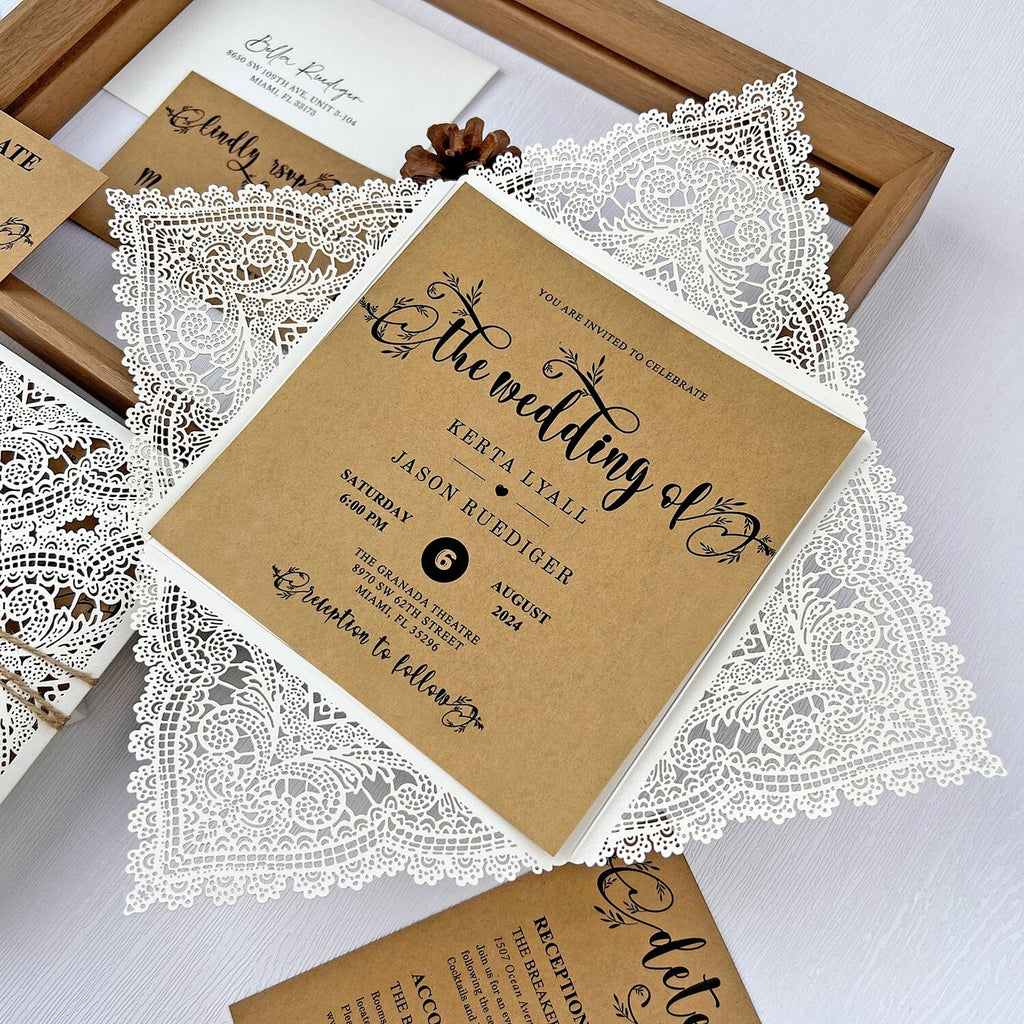 Rustic Lace Wedding Invitations, Elegant Laser Cut Kraft Wedding Invites, Ivory Four Fold Wedding Invitation with Monogram Name Tag Wedding Ceremony Supplies Picky Bride 