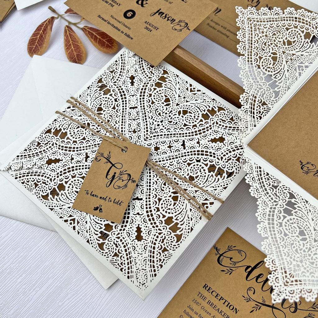 Rustic Lace Wedding Invitations, Elegant Laser Cut Kraft Wedding Invites, Ivory Four Fold Wedding Invitation with Monogram Name Tag Wedding Ceremony Supplies Picky Bride 