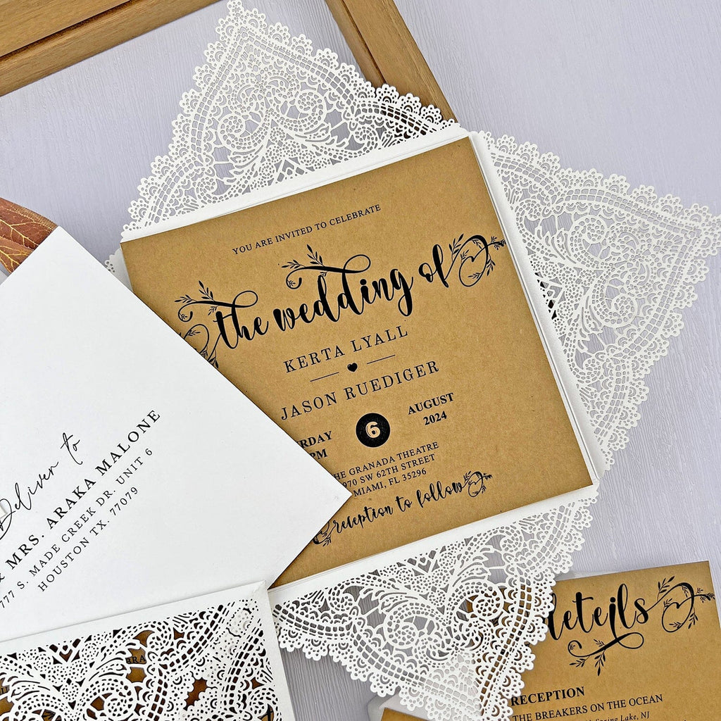 Rustic Lace Wedding Invitations, Elegant Laser Cut Kraft Wedding Invites, Ivory Four Fold Wedding Invitation with Monogram Name Tag Wedding Ceremony Supplies Picky Bride 