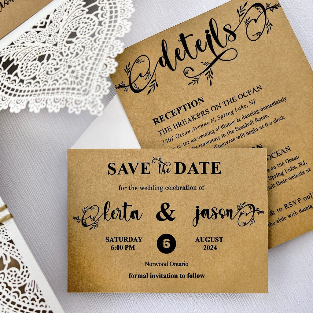 Rustic Lace Wedding Invitations, Elegant Laser Cut Kraft Wedding Invites, Ivory Four Fold Wedding Invitation with Monogram Name Tag Wedding Ceremony Supplies Picky Bride 