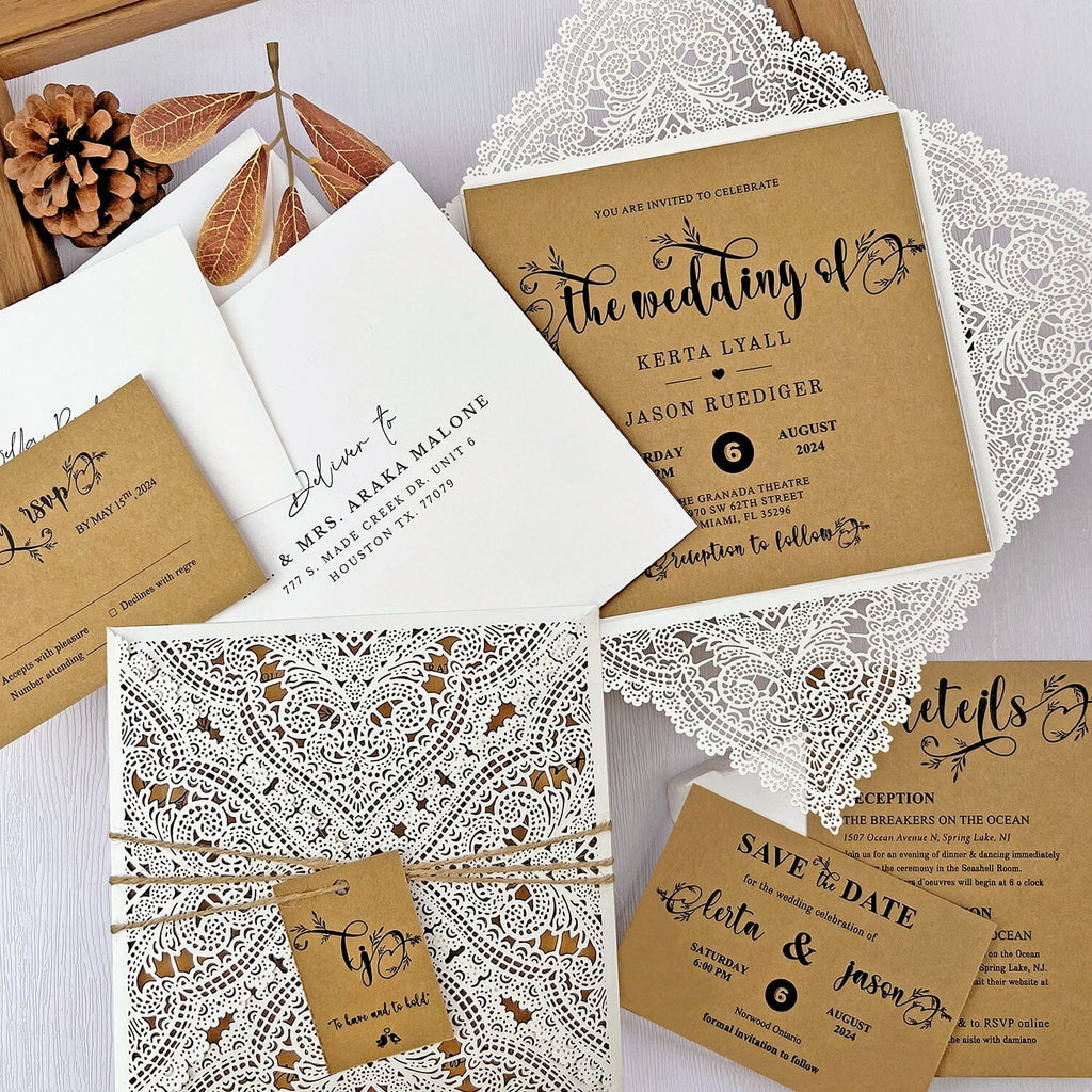 Rustic Lace Wedding Invitations, Elegant Laser Cut Kraft Wedding Invites, Ivory Four Fold Wedding Invitation with Monogram Name Tag Wedding Ceremony Supplies Picky Bride 