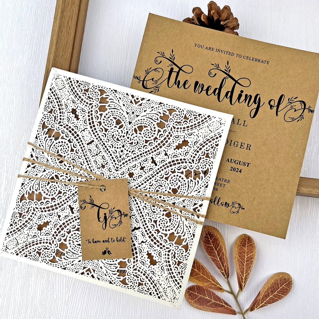 Rustic Lace Wedding Invitations, Elegant Laser Cut Kraft Wedding Invites, Ivory Four Fold Wedding Invitation with Monogram Name Tag Wedding Ceremony Supplies Picky Bride 