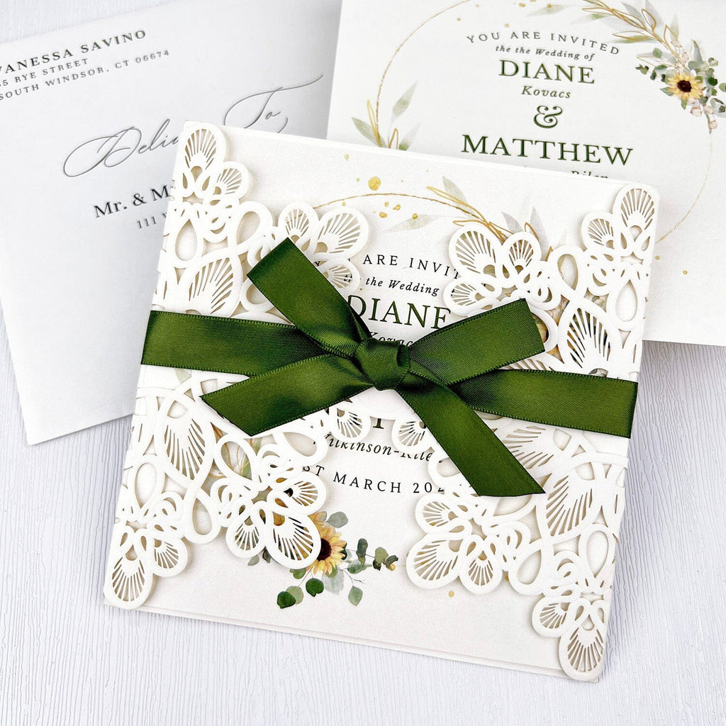 Sage Green Floral Wedding Invitations, Wildflower Laser Cut Wedding Invites with Romantic Ribbon Bow, Spring Watercolor Square Wedding Invitation Picky Bride 