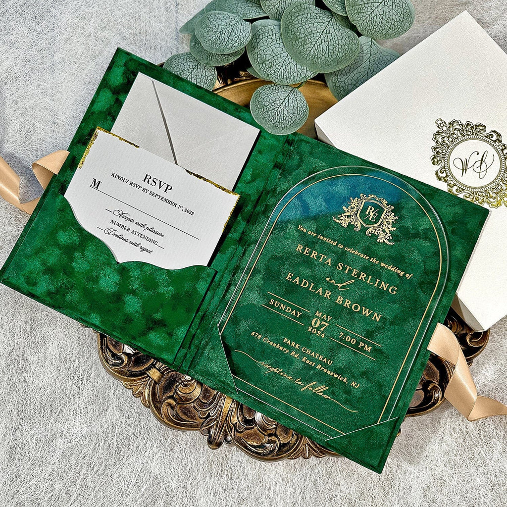 Vintage Arch Gold Acrylic Wedding Invitations, Emerald Green Velvet Wedding Invitation with Gold Foil Monogram, Luxury Pocket Invites with Gold Foil Lined RSVP Picky Bride 