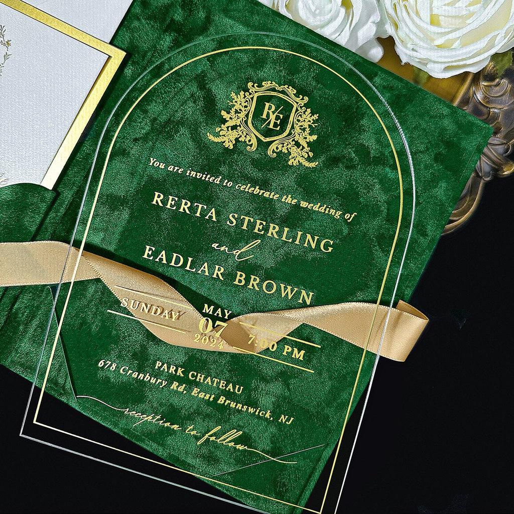 Vintage Arch Gold Acrylic Wedding Invitations, Emerald Green Velvet Wedding Invitation with Gold Foil Monogram, Luxury Pocket Invites with Gold Foil Lined RSVP Picky Bride 