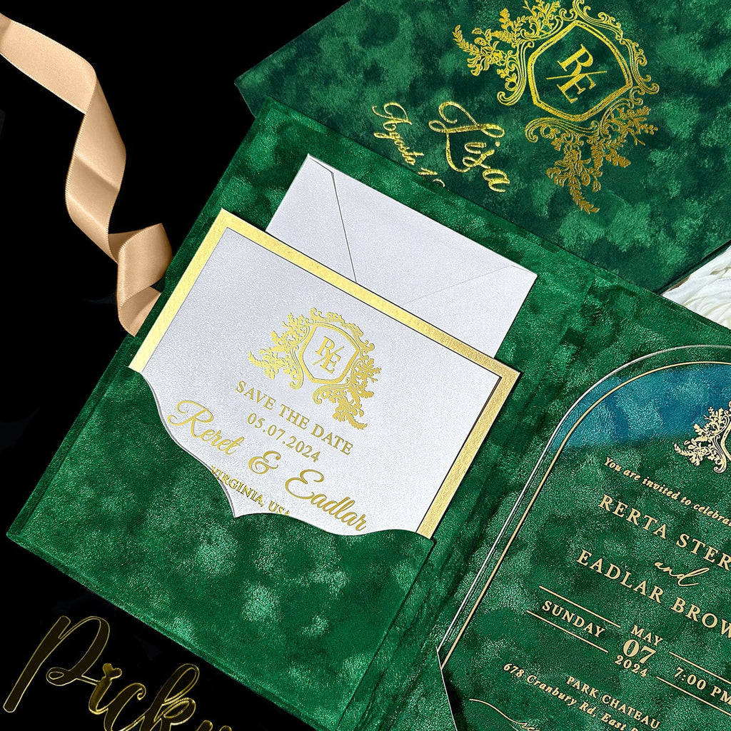 Vintage Arch Gold Acrylic Wedding Invitations, Emerald Green Velvet Wedding Invitation with Gold Foil Monogram, Luxury Pocket Invites with Gold Foil Lined RSVP Picky Bride 