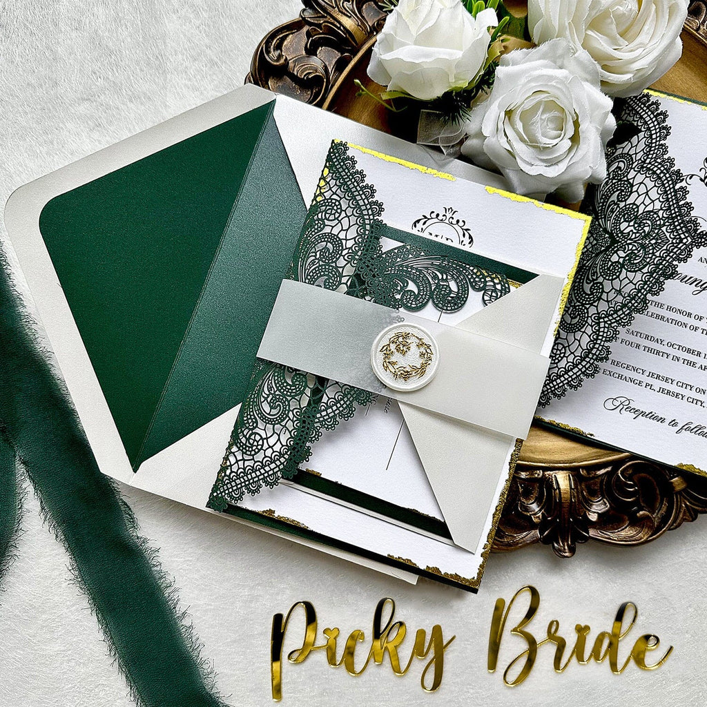 Vintage Forest Green Laser Cut Invitations, Luxury Emerald Green Gold Deckled-Edge Invites, Elegant Lace Invitation with Gold Seal and Lined Envelopes Wedding Ceremony Supplies Picky Bride 